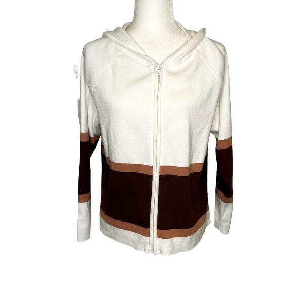 Modern Soul Cream Brown Striped Zip Front Cotton Hoodie - Picture 1 of 7